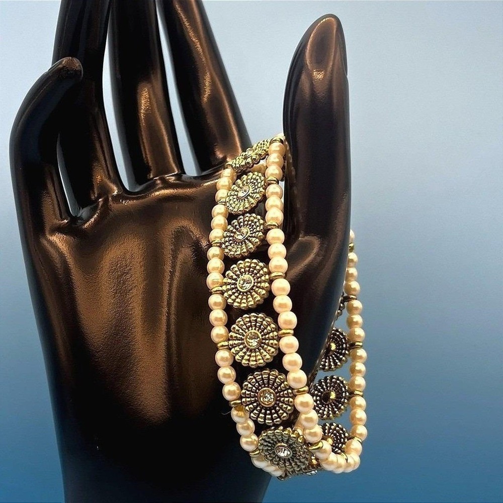 Vintage Gold Tone Faux Pearl Rhinestone Mandala Stretch Bracelet Boho Glam